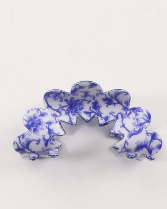 Blue and White Vintage Floral-patterned hair clip on a white background
