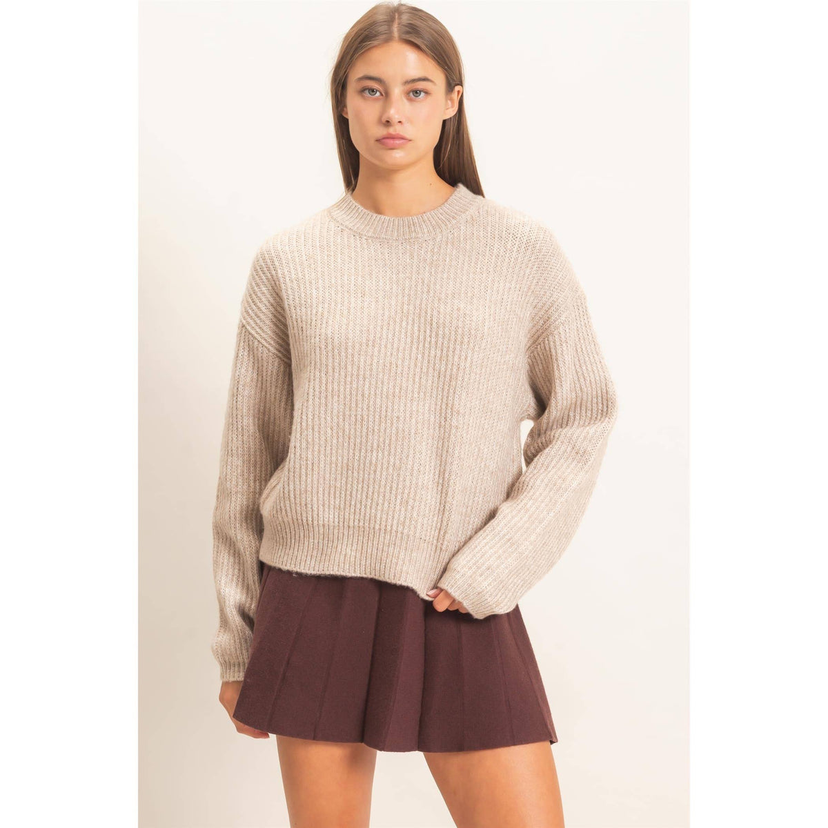 Heather Taupe Ribbed Crew Neck Sweater