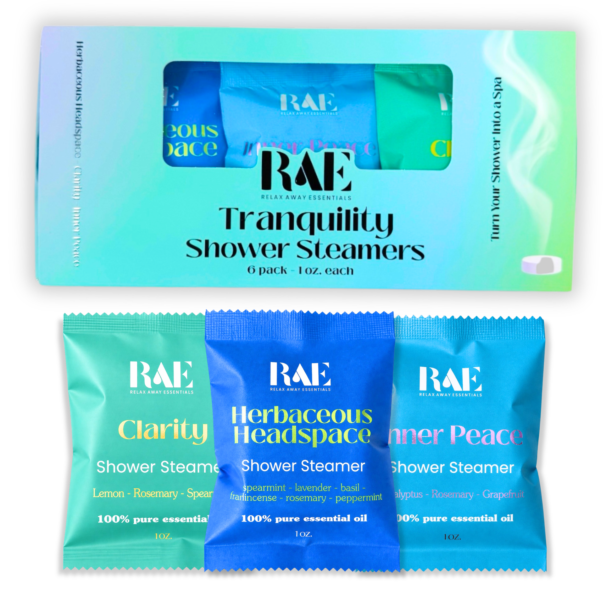 RAE Tranquility Shower Steamers packaging in blues and greens with three individual packages displayed below.