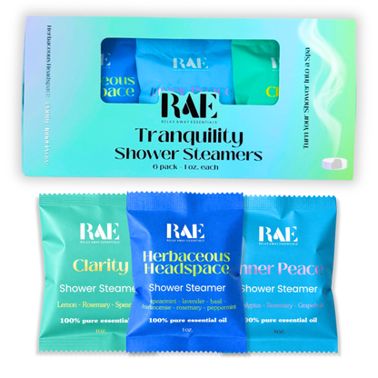 RAE Tranquility Shower Steamers packaging in blues and greens with three individual packages displayed below.