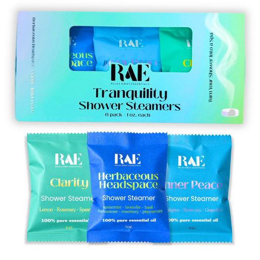 RAE Tranquility Shower Steamers packaging in blues and greens with three individual packages displayed below.