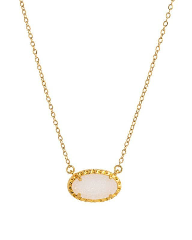 Necklace with a gold chain and white .jade oval pendant on a white background