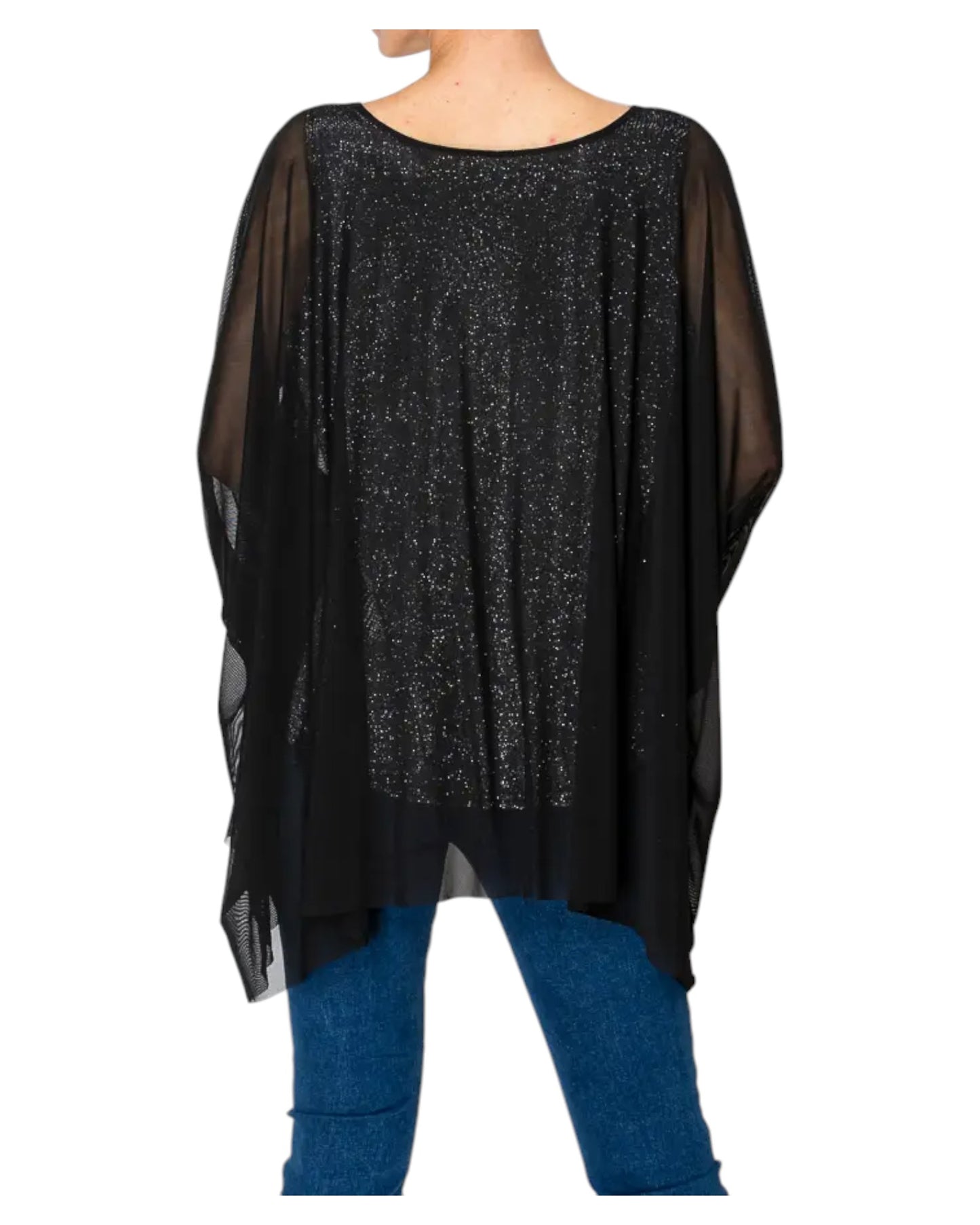 Woman wearing the Starry Night Black Sparkly Tunic Top and jeans. 