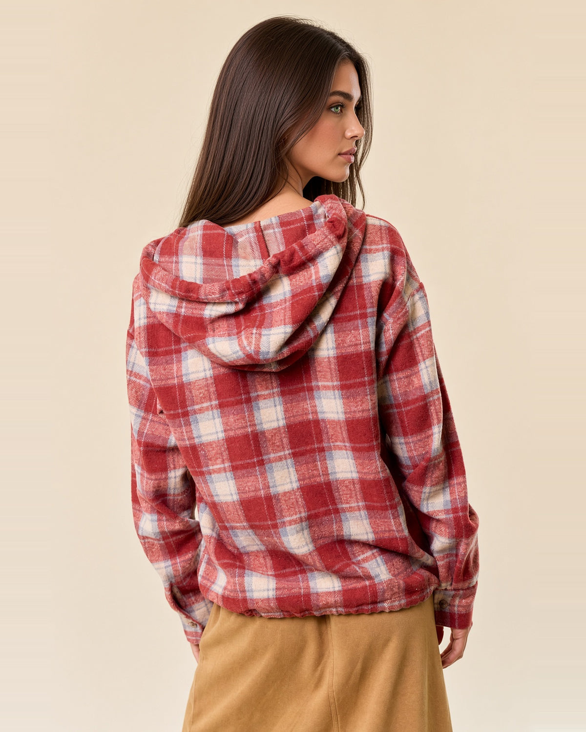 Back view of cranberry plaid flannel hoodie showing the attached hood and cranberry, cream and light blue pattern.