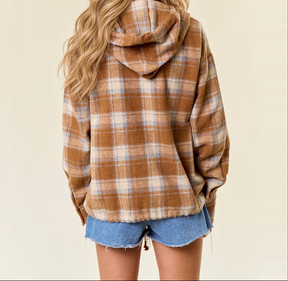 Close-up back view of acorn brown plaid flannel hoodie showing the attached hood and cream and light blue checks.