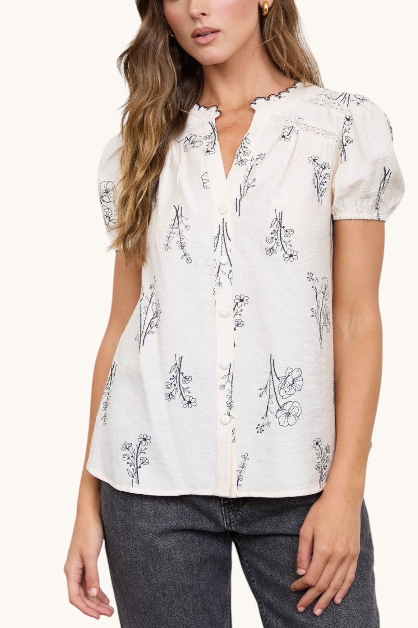 Botanical Ink and Ivory Linen Blend Top