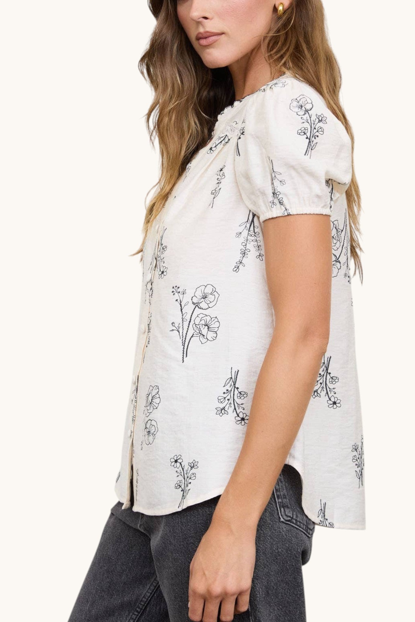 Botanical Ink and Ivory Linen Blend Top