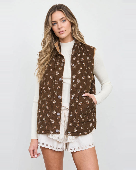 Model wearing a brown floral quilted vest with a stand collar, snap-front placket, and angled pockets.