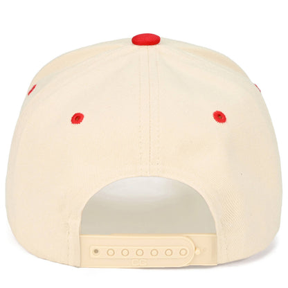 Back view of a Beige trucker hat with red accents on a white background.