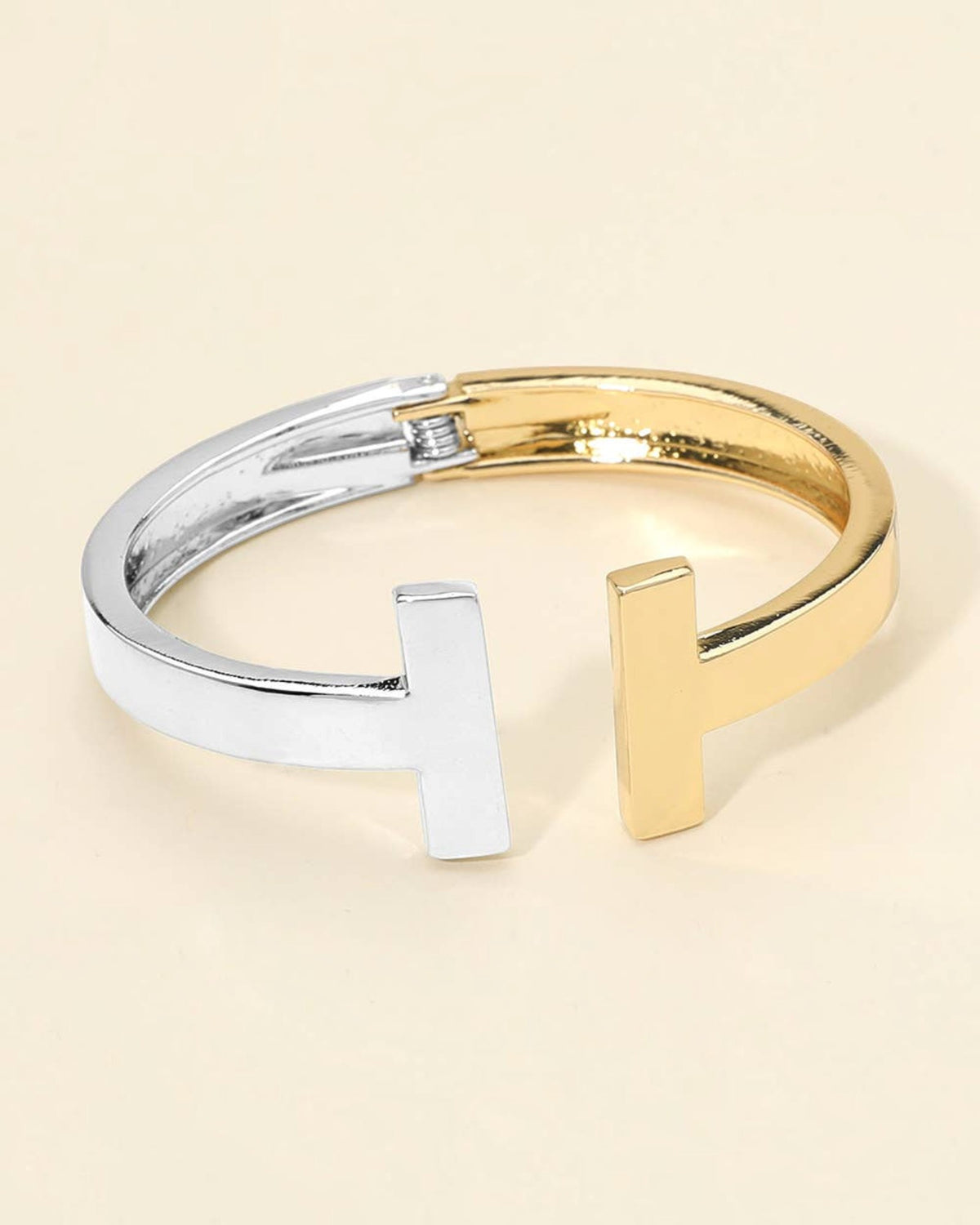 Gold and Silver Metal T Bar Hinged Bangle Bracelet