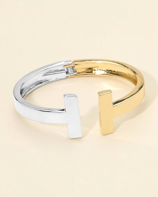 Gold and Silver Metal T Bar Hinged Bangle Bracelet