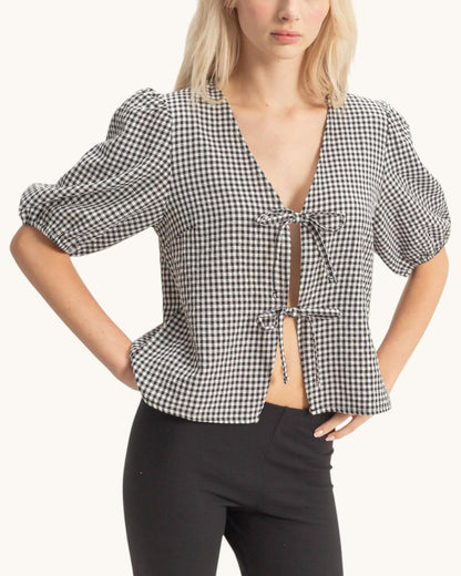 Penny Lane Gingham Tie Front Blouse