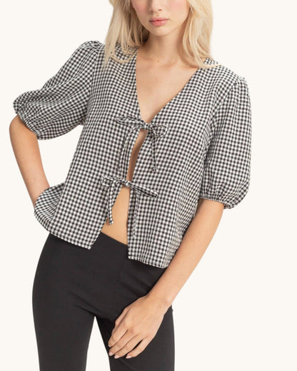 Penny Lane Gingham Tie Front Blouse