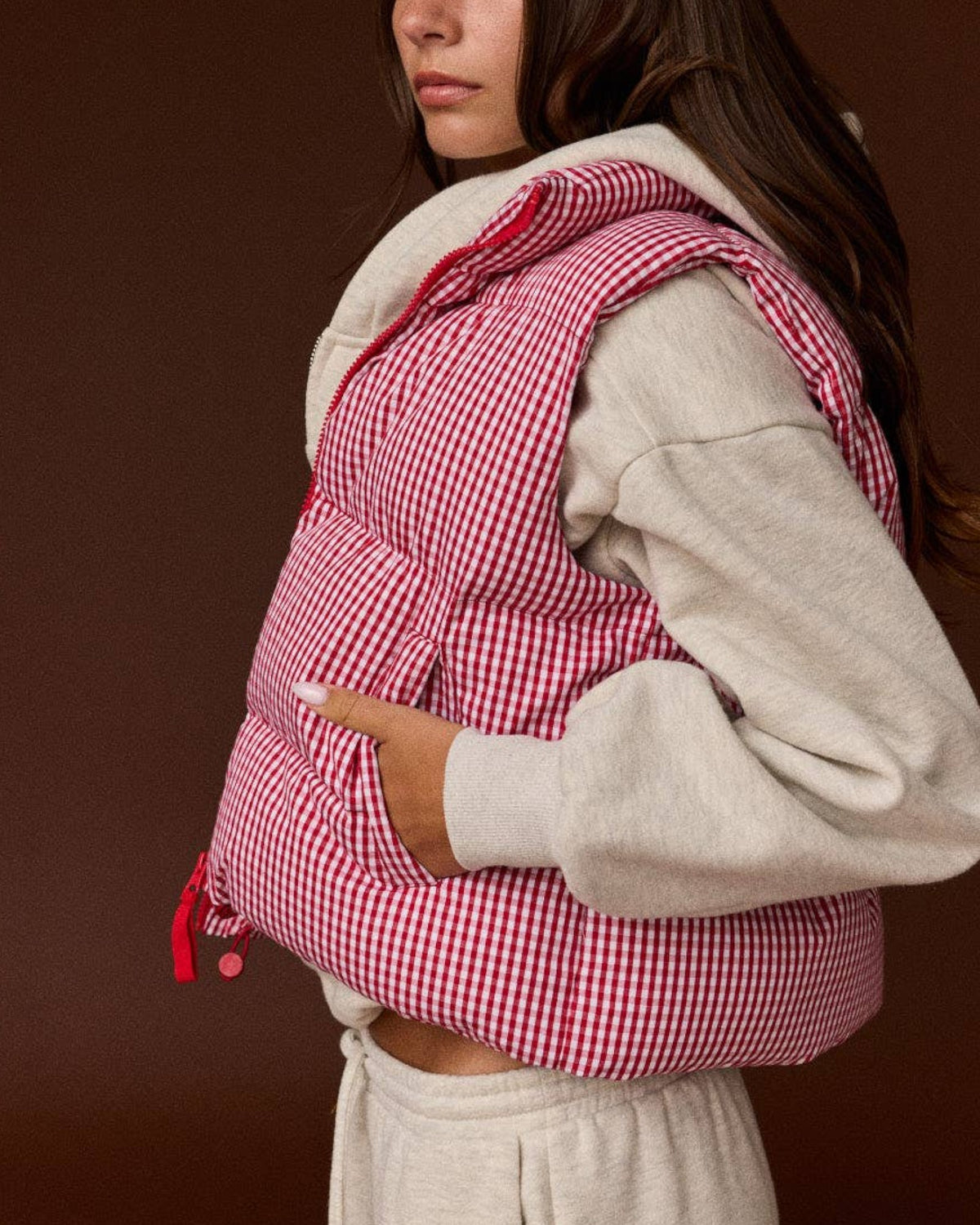 Gingham Check Cropped Puffer Vest (Red)