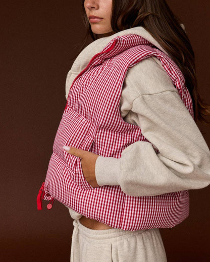 Gingham Check Cropped Puffer Vest (Red)