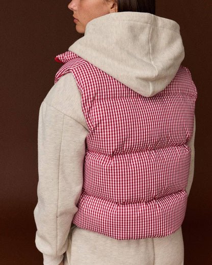 Gingham Check Cropped Puffer Vest (Red)