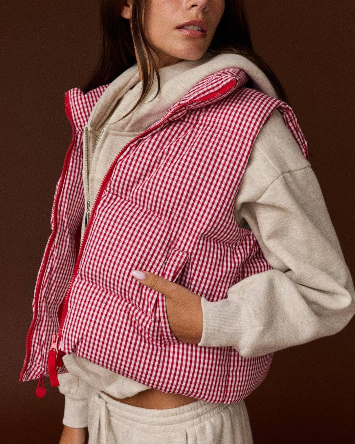 Gingham Check Cropped Puffer Vest (Red)