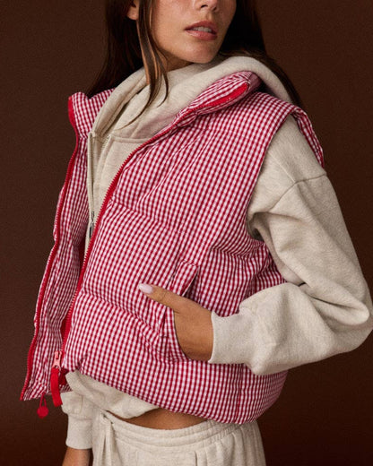 Gingham Check Cropped Puffer Vest (Red)