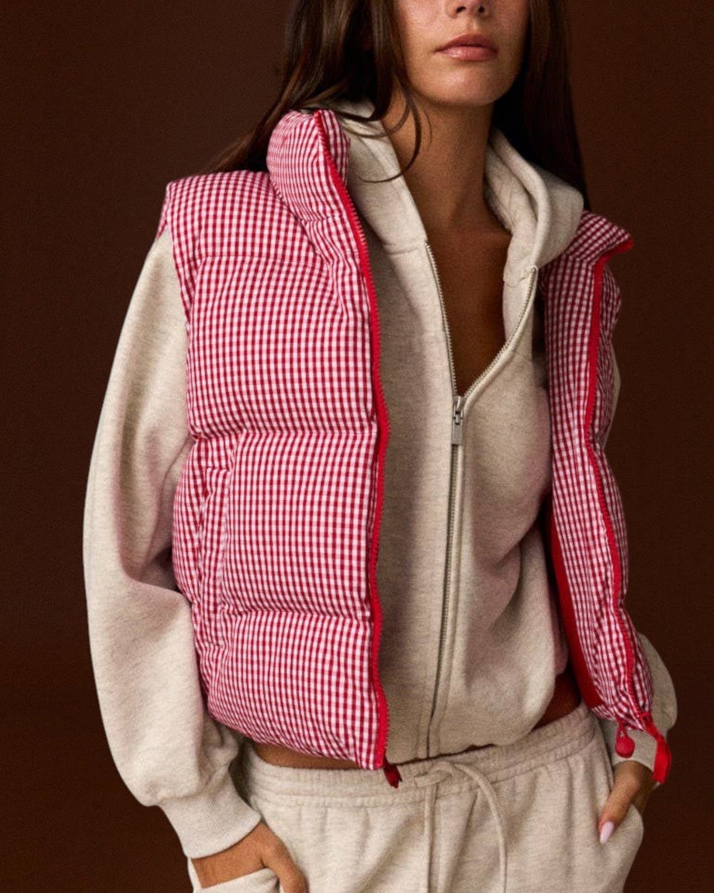Gingham Check Cropped Puffer Vest (Red)