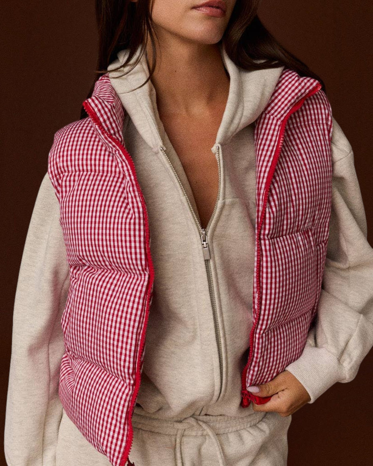 Gingham Check Cropped Puffer Vest (Red)