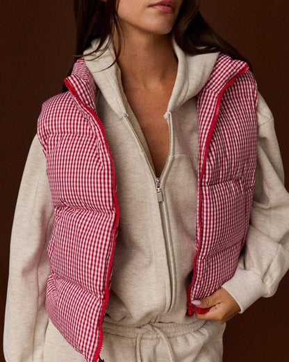 Gingham Check Cropped Puffer Vest (Red)