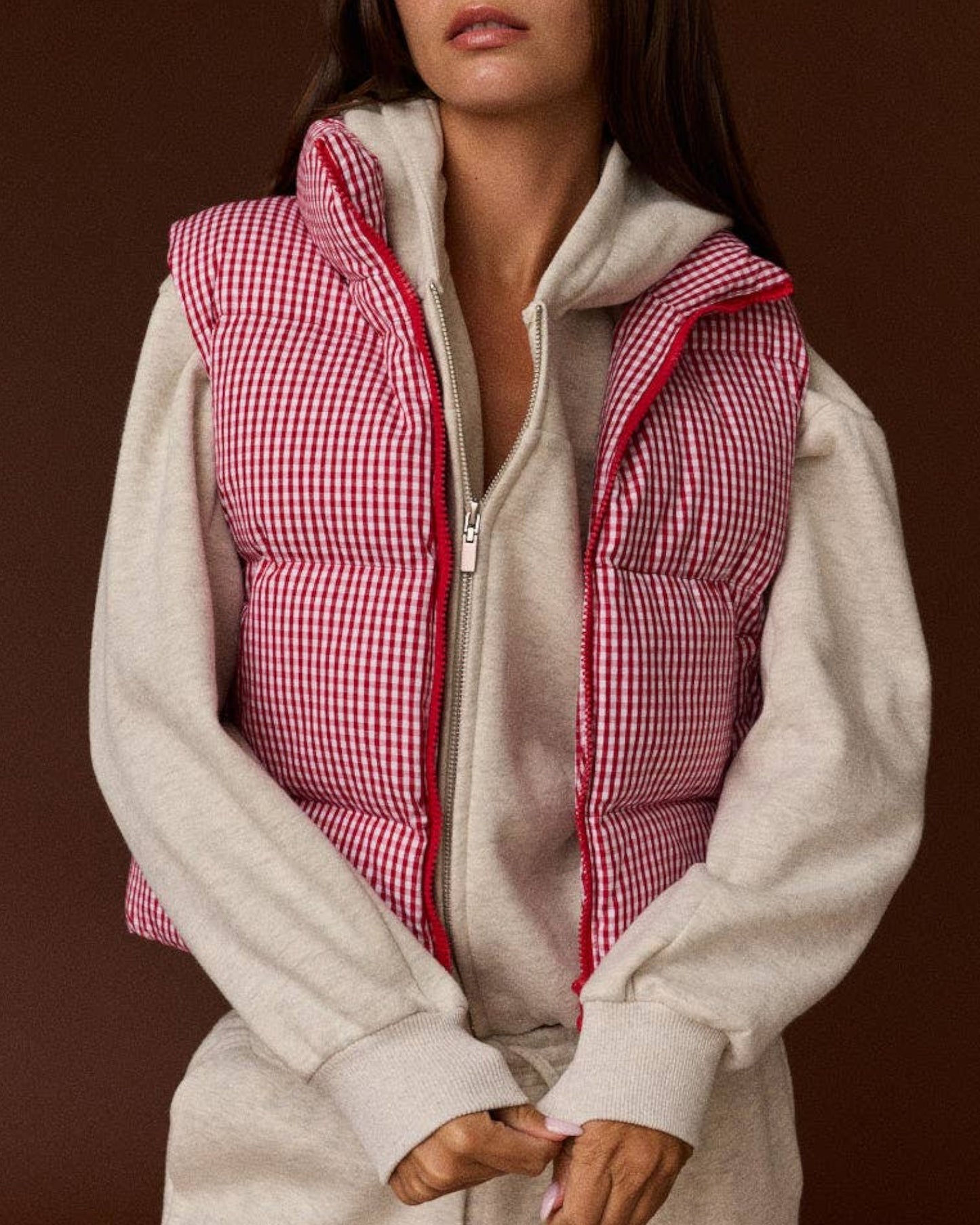 Gingham Check Cropped Puffer Vest (Red)