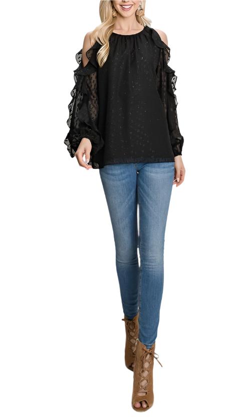 Black and Gold Textured Cold Shoulder Ruffle Sleeve Top with semi-sheer sleeves, lined bodice, gold thread embellishment, and ruffle accents. 