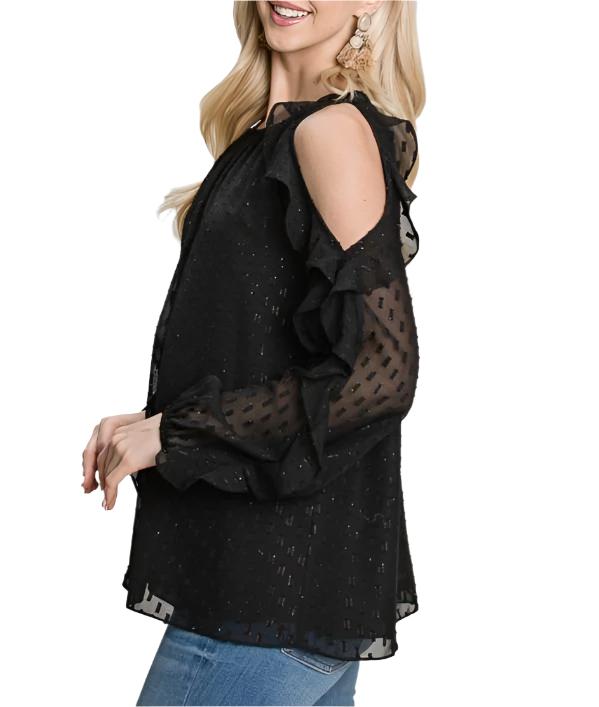 Black and Gold Textured Cold Shoulder Ruffle Sleeve Top with semi-sheer sleeves, lined bodice, gold thread embellishment, and ruffle accents. 