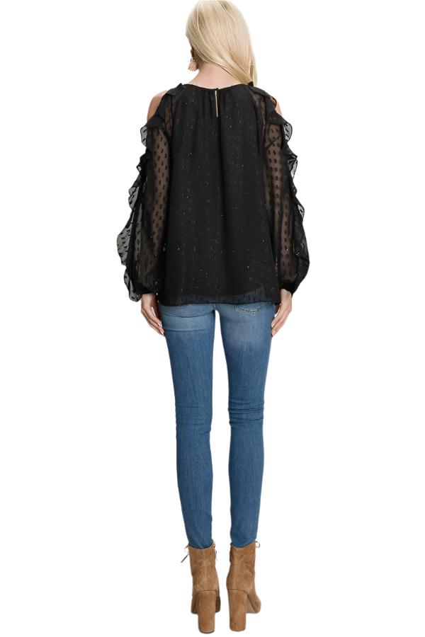 Black and Gold Textured Cold Shoulder Ruffle Sleeve Top with semi-sheer sleeves, lined bodice, gold thread embellishment, and ruffle accents. 