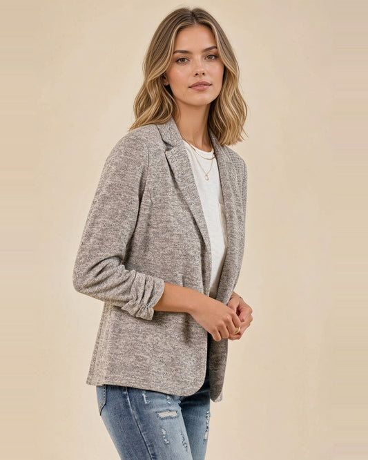 Angled front view of Urban Soft Knit Toffee Blazer showing heathered knit texture, notched lapels and gathered 3/4 sleeves.