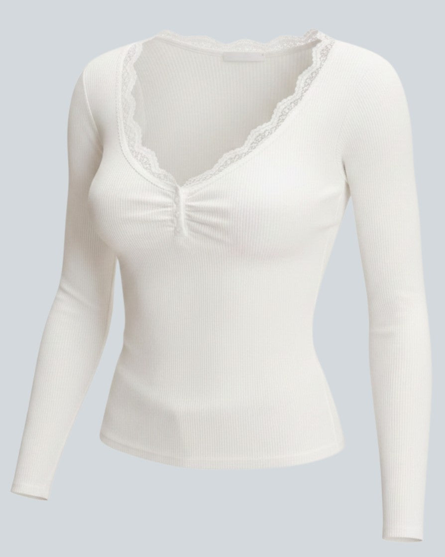 Chantilly Lace-Trim White Henley Top