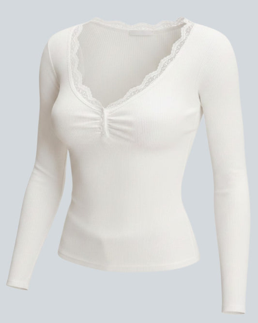 Chantilly Lace-Trim White Henley Top