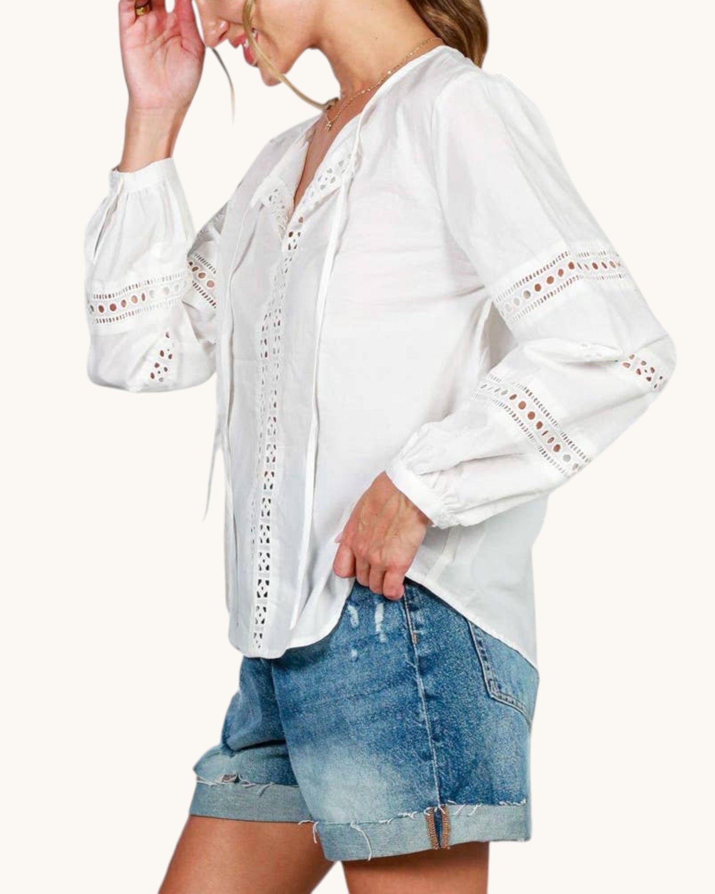 Geneva 100% Cotton Ladder Cut White Top
