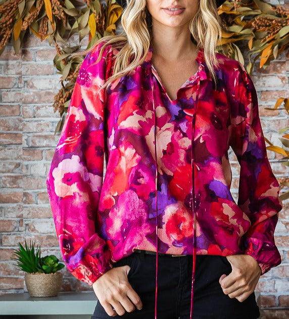 Tie Up Magenta Curvy Bold Floral Top