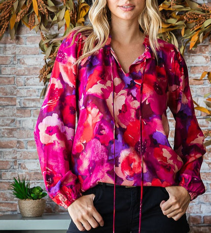 Tie Up Magenta Curvy Bold Floral Top
