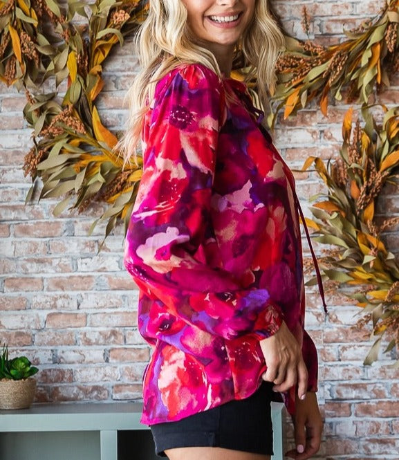 Tie Up Magenta Curvy Bold Floral Top