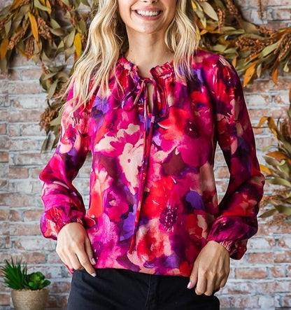 Tie Up Magenta Curvy Bold Floral Top