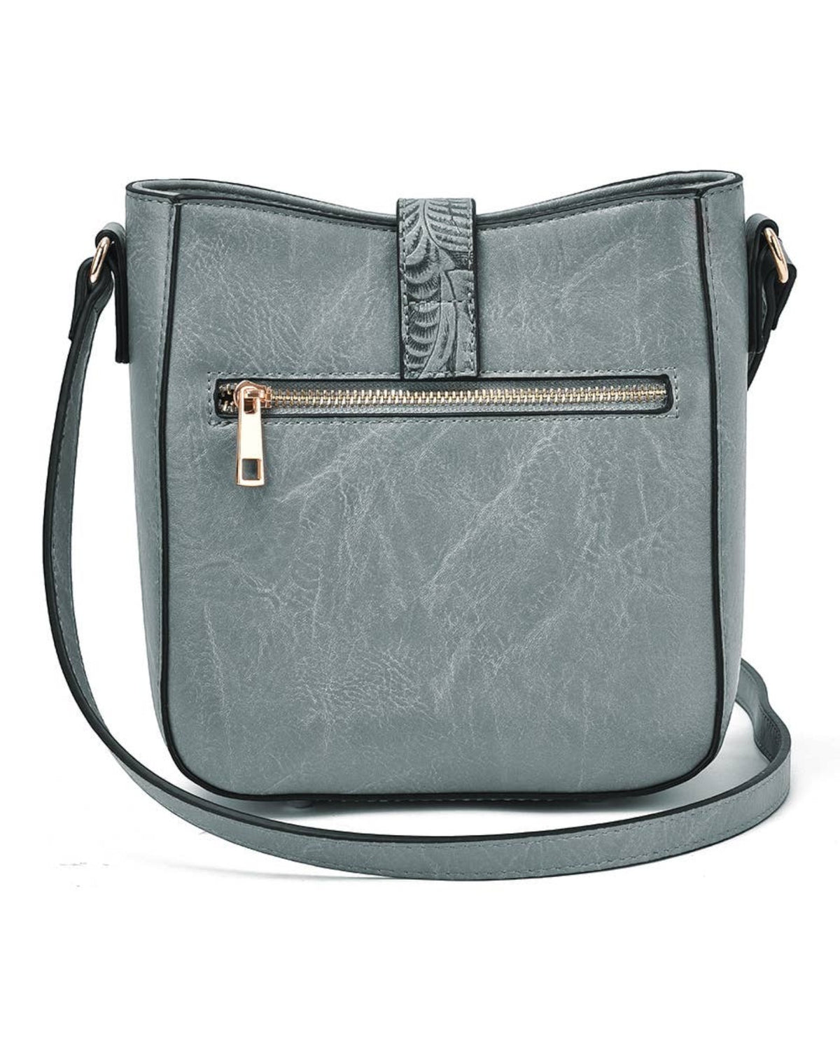 Back view of a slate blue-gray faux-leather crossbody bag with a front zippered pocket, a vertical decorative stitched tab, and a long shoulder strap, shown on a white background.