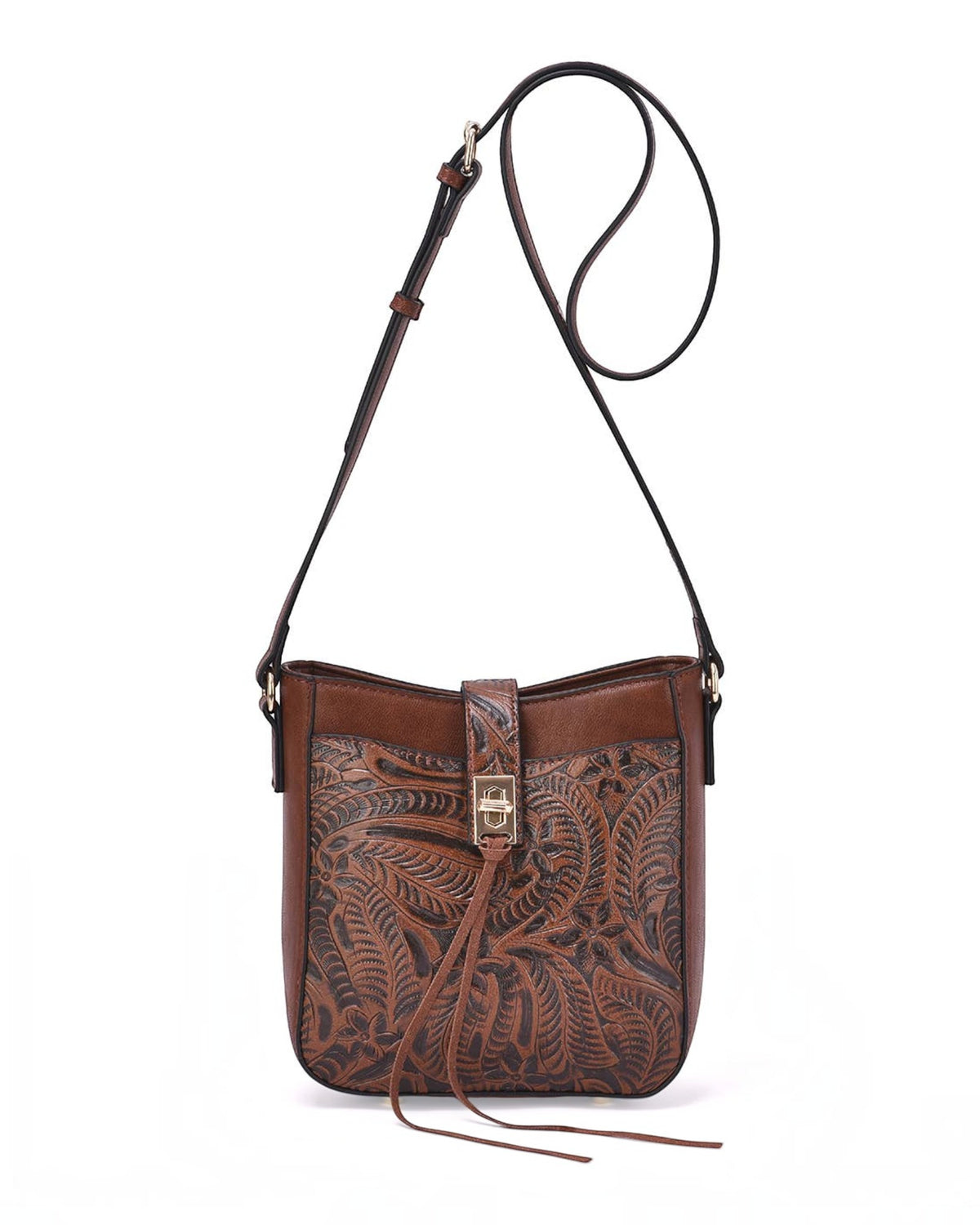 A Cognac colored faux-leather semi-structured faux leather bag with an embossed floral and leaf pattern, featuring a gold-tone turn-lock clasp and a matching shoulder strap on a white background.