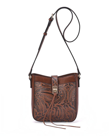 A Cognac colored faux-leather semi-structured faux leather bag with an embossed floral and leaf pattern, featuring a gold-tone turn-lock clasp and a matching shoulder strap on a white background.