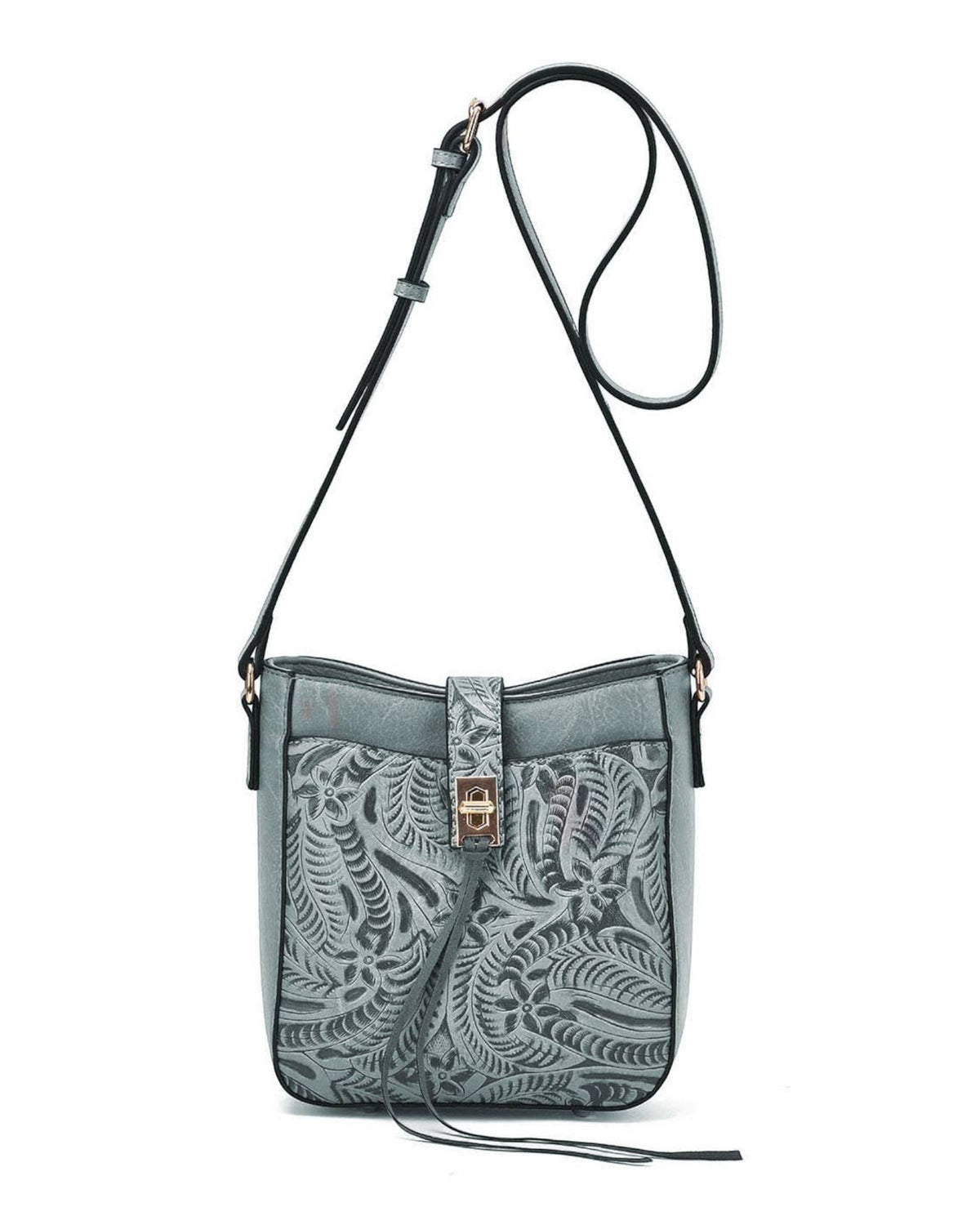 A blue-gray faux-leather semi-structured faux leather bag with an embossed floral and leaf pattern, featuring a gold-tone turn-lock clasp and a matching shoulder strap on a white background.