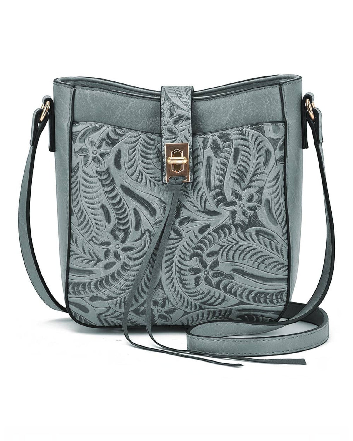 A blue-gray faux-leather semi-structured faux leather bag with an embossed floral and leaf pattern, featuring a gold-tone turn-lock clasp and a matching shoulder strap on a white background.