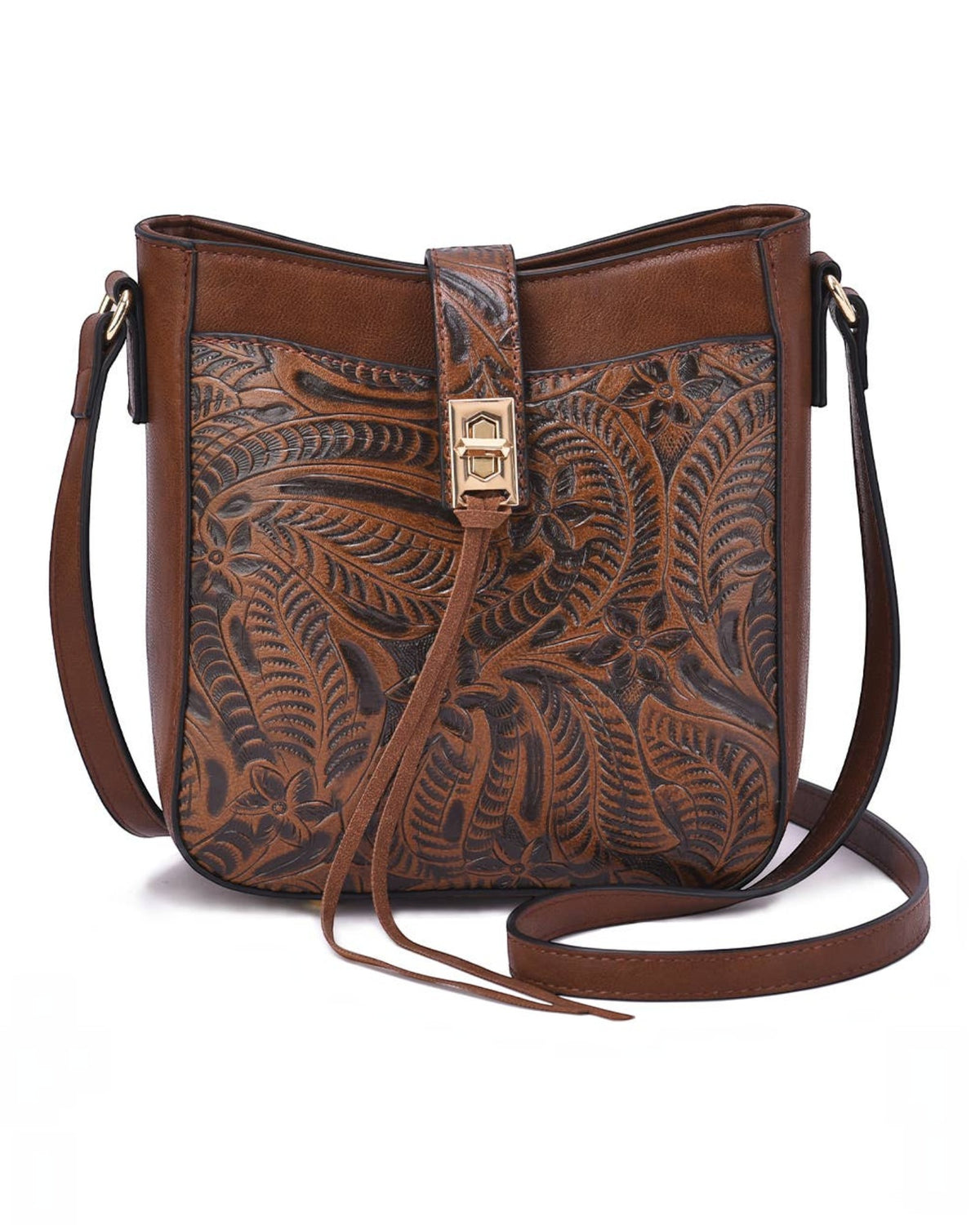 A brown/Cognac leather semi-structured faux leather bag with intricate hand-tooled floral patterns, a gold-tone turn-lock closure, and a matching adjustable shoulder strap, shown on a plain white background.