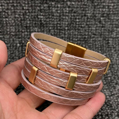 Metallic Muse Multi-Strand Leather Buckle Bracelet (6 Colors)