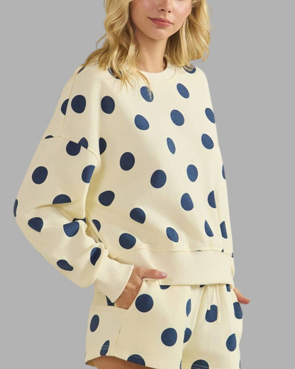 Navy & Butter Cream Polka Dot Crew Neck Sweatshirt