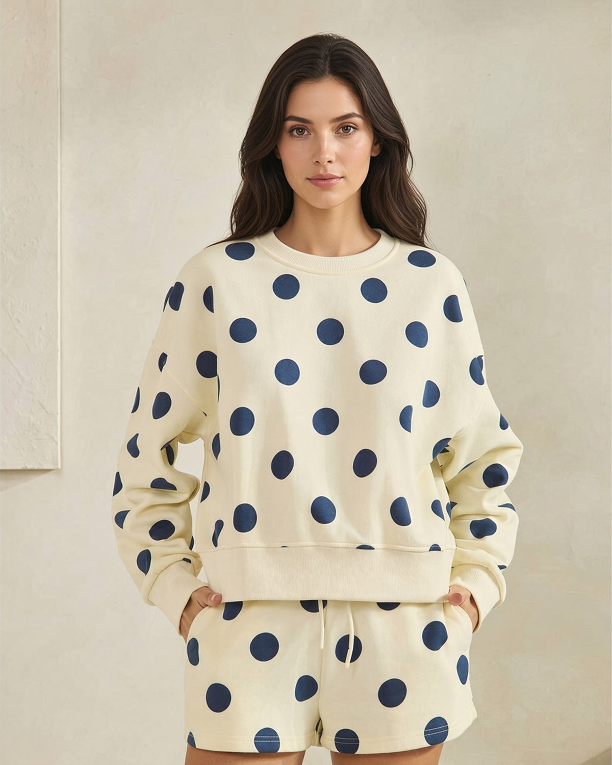 Navy & Butter Cream Polka Dot Crew Neck Sweatshirt