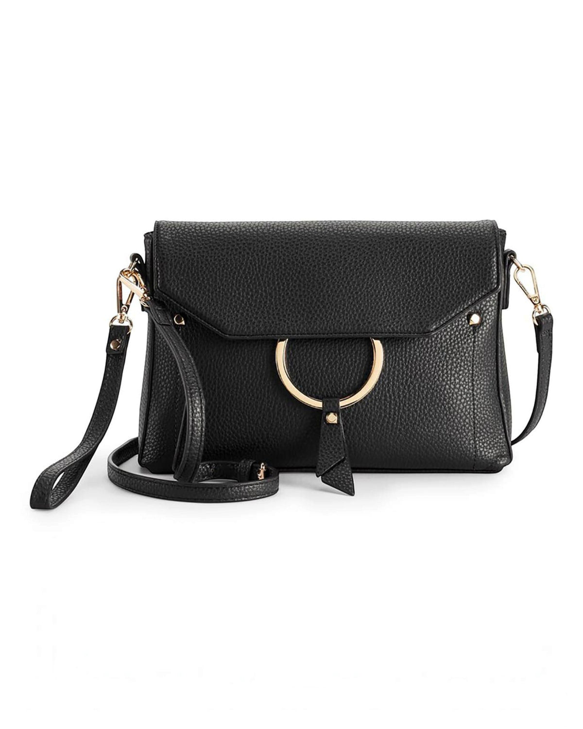 Black pebbled vegan leather crossbody with gold-tone ring and detachable wristlet.
