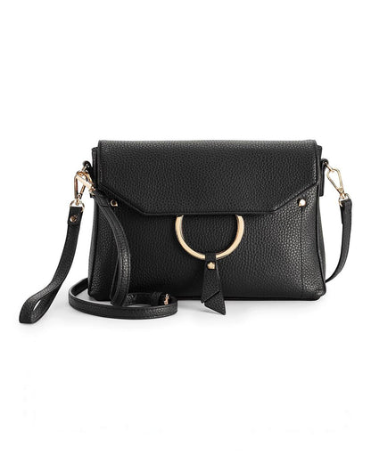 Black pebbled vegan leather crossbody with gold-tone ring and detachable wristlet.