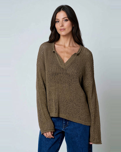 Cocoa Bean sheer knit sweater with split neckline, raw edge trim, and long sleeves.