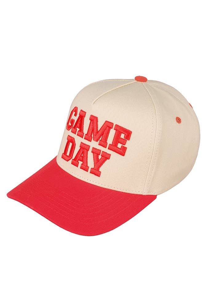 Beige and red cap with 'GAME DAY' text on a white background.